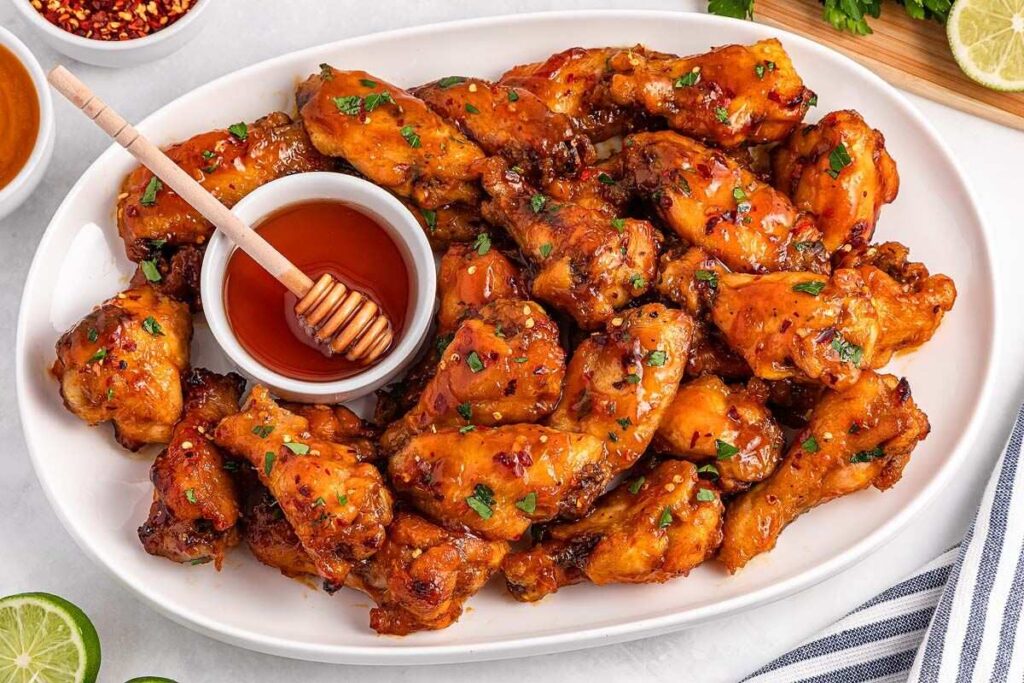 A plate of honey-glazed chicken wings garnished with herbs, served alongside a small bowl of hot honey, brings slow-cooked perfection to your table.