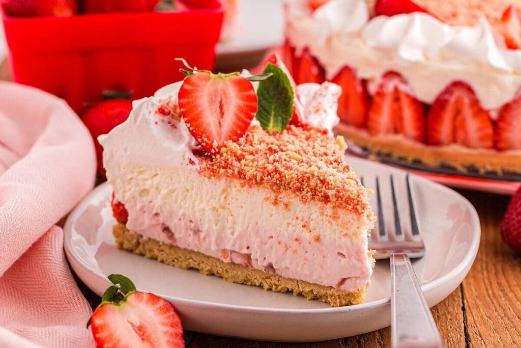A slice of strawberry shortcake cheesecake with whipped cream and a luscious strawberry topping sits on a white plate, garnished with a fresh strawberry and mint.
