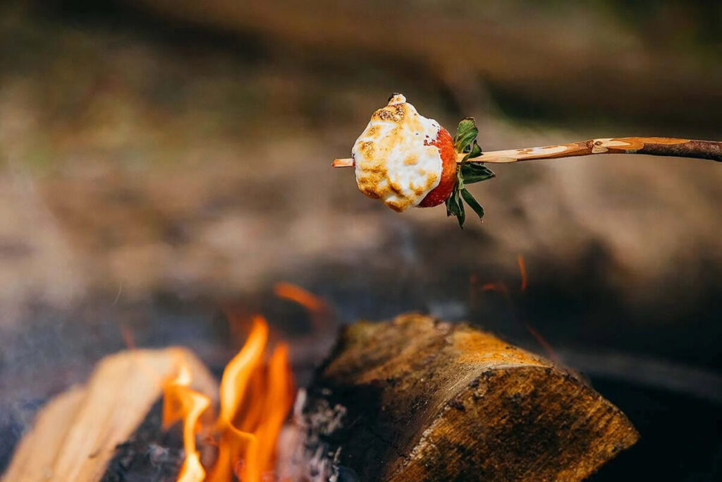A juicy strawberry coated in toasted marshmallow is held over a campfire, creating the perfect campfire strawberries treat on a stick.