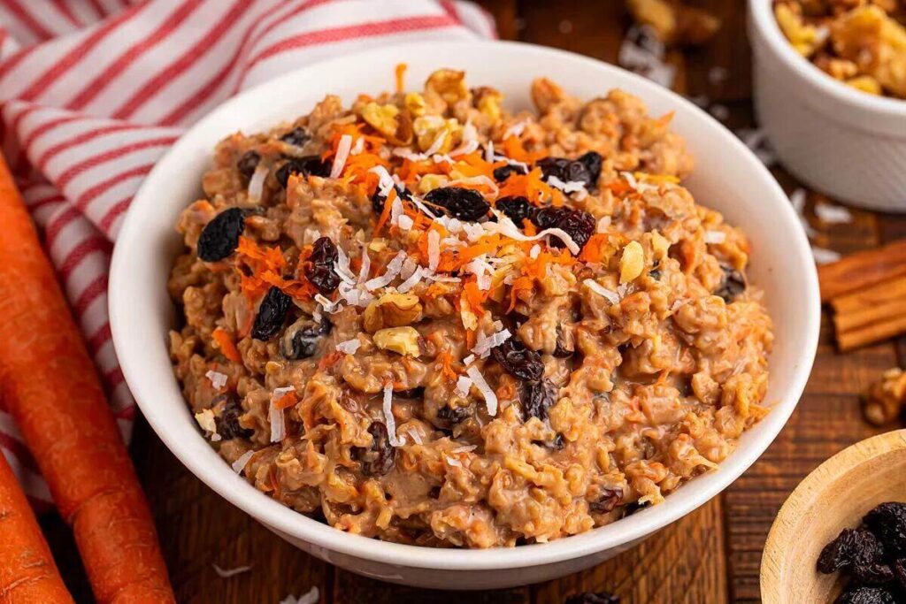 A bowl of slow cooker carrot cake oatmeal with raisins.