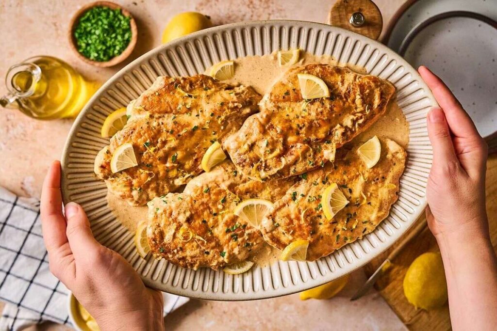 A platter of creamy, seasoned Chicken Limone breasts garnished with lemon wedges and chopped herbs.