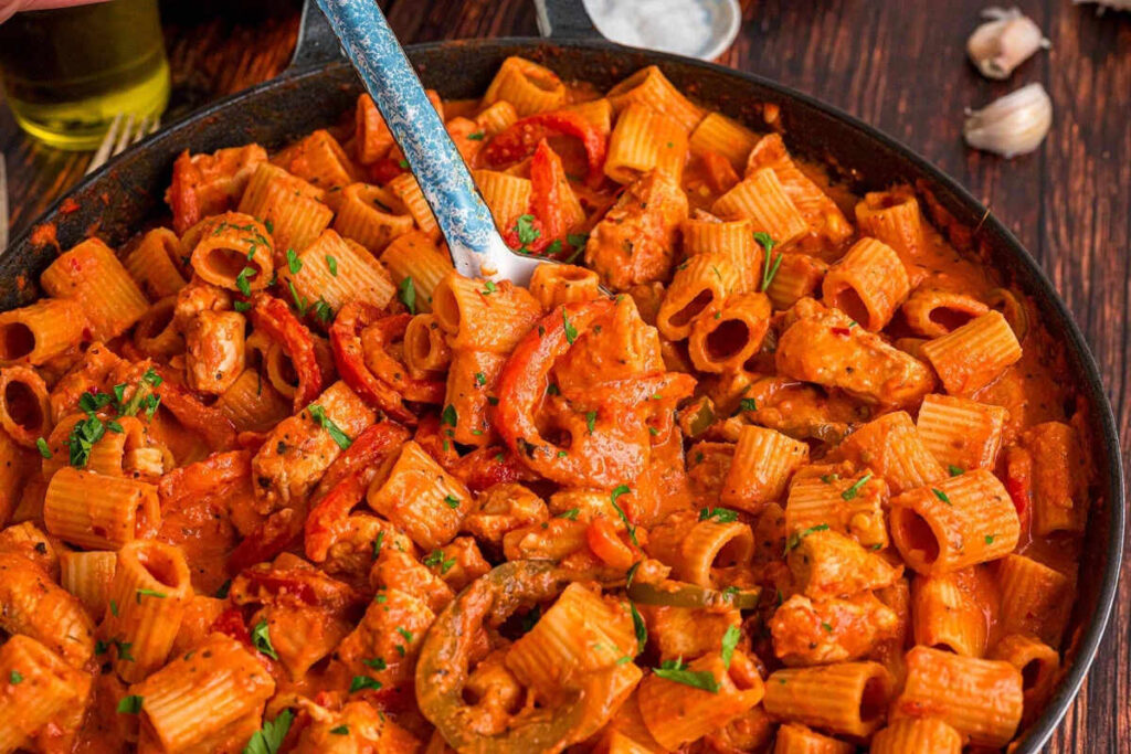  Skillet chicken riggies feature rigatoni pasta tossed in creamy tomato sauce with tender chicken, bell peppers, and a parsley garnish.