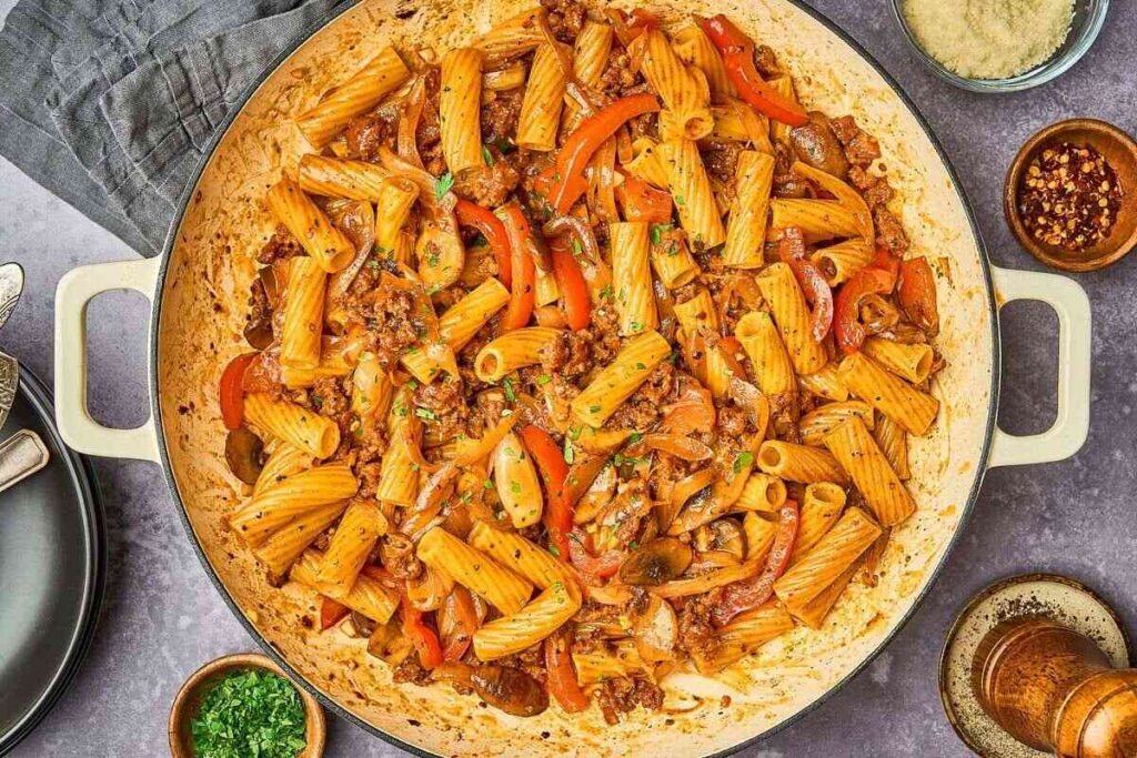 A pan filled with chorizo rigatoni, red bell peppers, mushrooms, and ground meat in a savory tomato-based sauce, garnished with chopped parsley. Plates, a napkin, and seasonings are nearby.