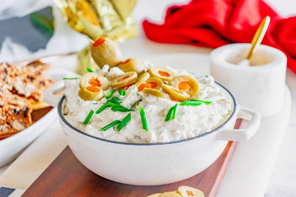 A bowl with olive dip.