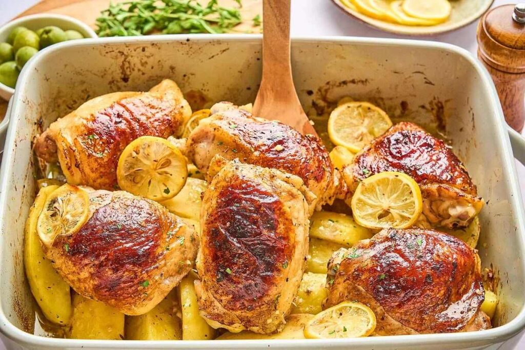 Savor the vibrant flavors of Greek lemon chicken and potatoes. Roasted chicken thighs are nestled with lemon slices and herbs alongside perfectly cooked potatoes in a baking dish, creating a delightful medley of taste and aroma.