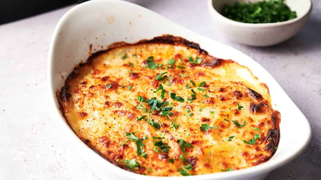 Air Fryer Scalloped Potatoes in a white dish.