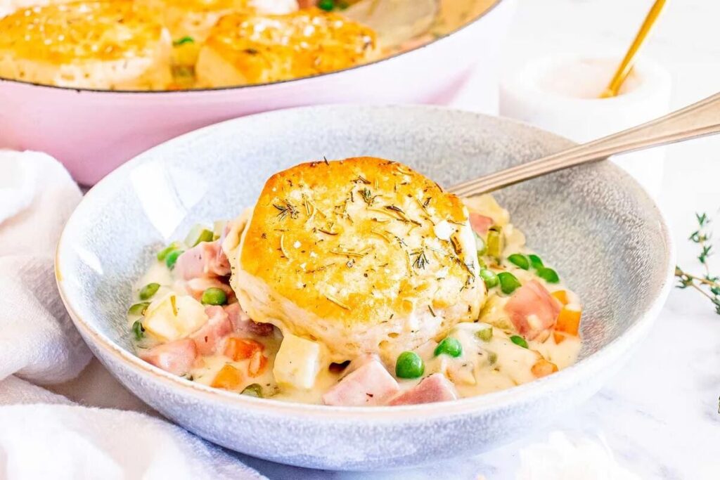 Ham pot pie in a bowl.