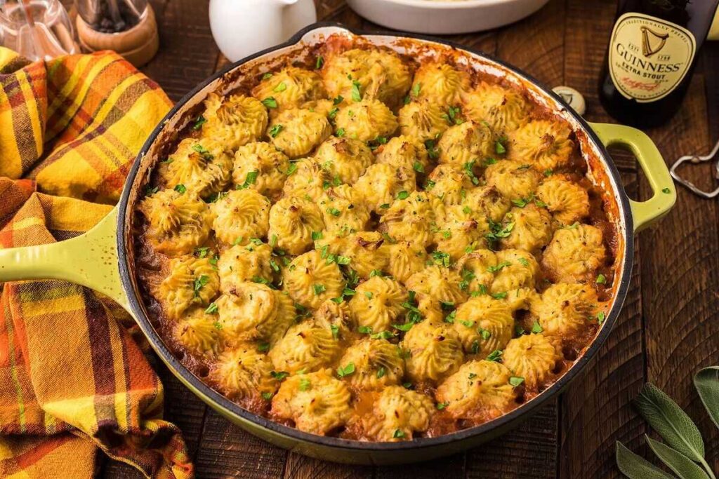 A Dutch oven with a shepherd's pie.