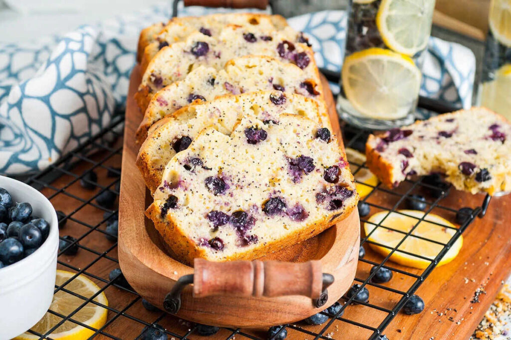 Lemon blueberry loaf on a tray.
