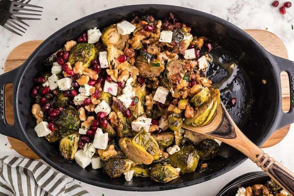 ood blogger, Bella Bucchiotti of xoxoBella, shares a recipe for roasted brussels sprout pomegranate pancetta feta casserole. 