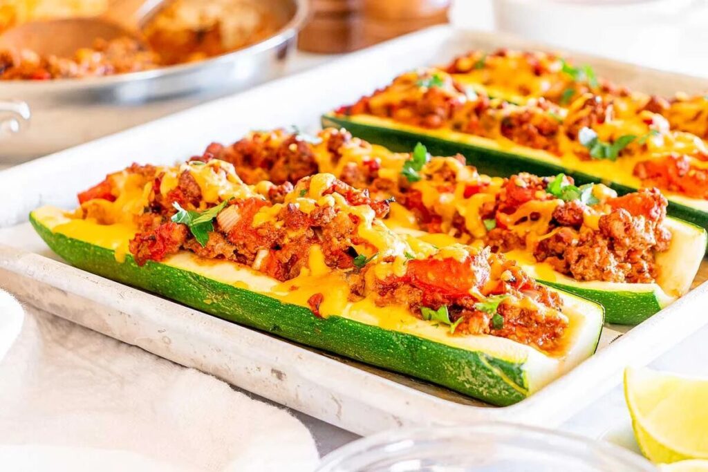 Taco stuffed zucchini boats filled with meat and cheese.