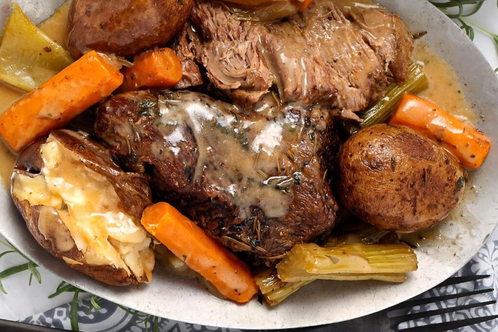 Slow-cooked sirloin tip roast with a variety of vegetables.
