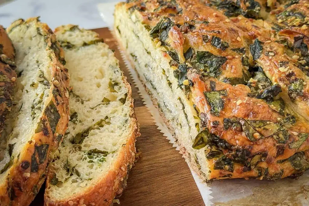 Close-up of a sliced, freshly baked herb pull-apart bread on a wooden cutting board. The bread's crust is golden brown and speckled with finely chopped herbs. The interior appears soft and fluffy, with visible green herbs swirled throughout the bread.