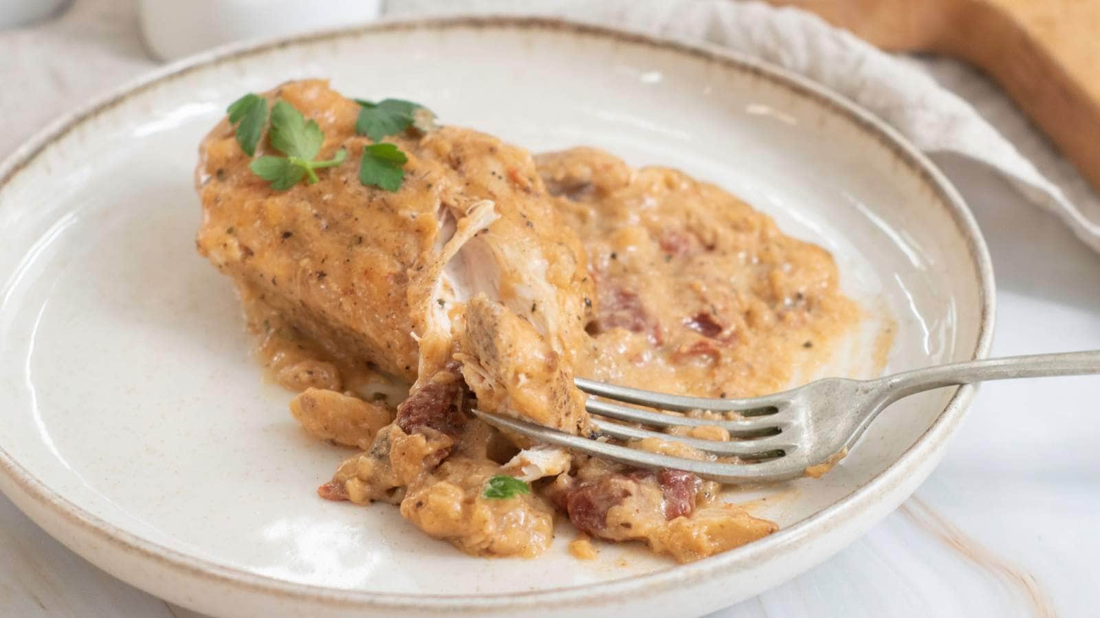 A piece of creamy marry me chicken skillet.