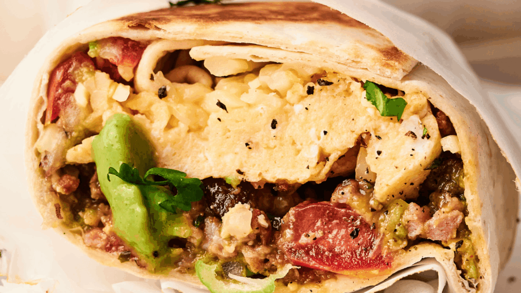 Close-up of a burrito cut in half, showing fillings of scrambled eggs, avocado, tomatoes, cheese, and herbs wrapped in a tortilla.