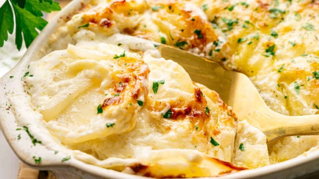 A close-up of creamy, baked scalloped potatoes with melted cheese, garnished with chopped parsley.