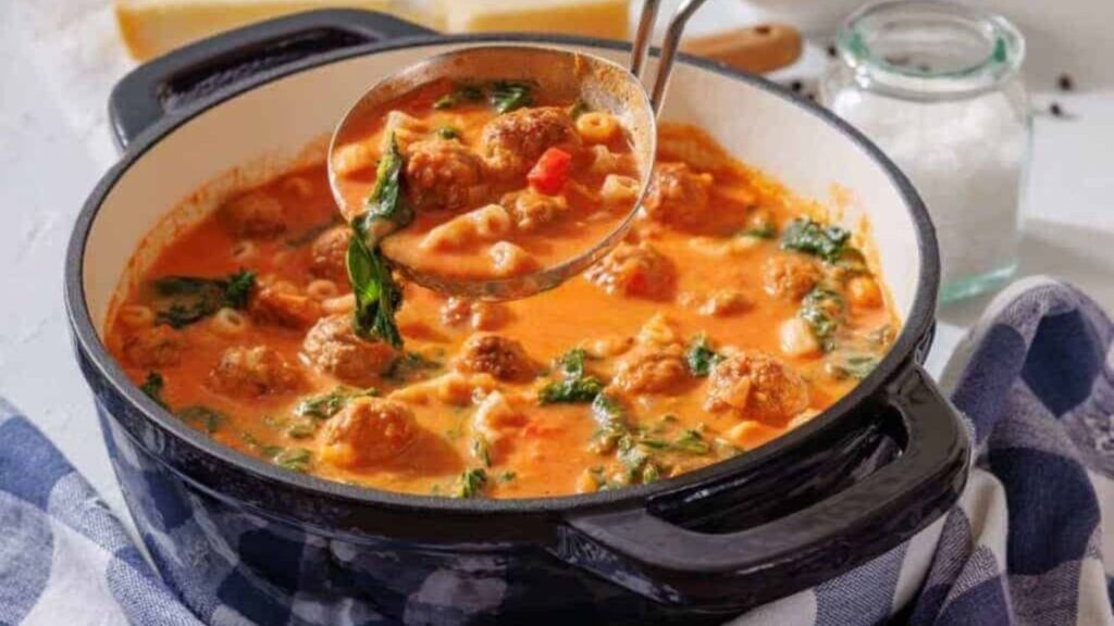 A ladle lifts meatball soup with spinach, pasta, and tomato broth from a black pot on a kitchen counter.